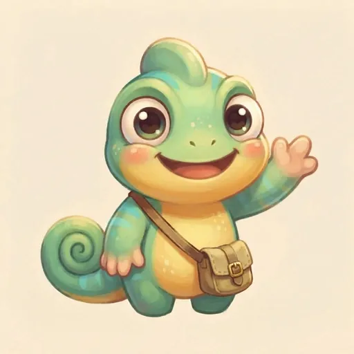 Kipwick, a cheerful green chameleon explorer with a satchel, waving hello